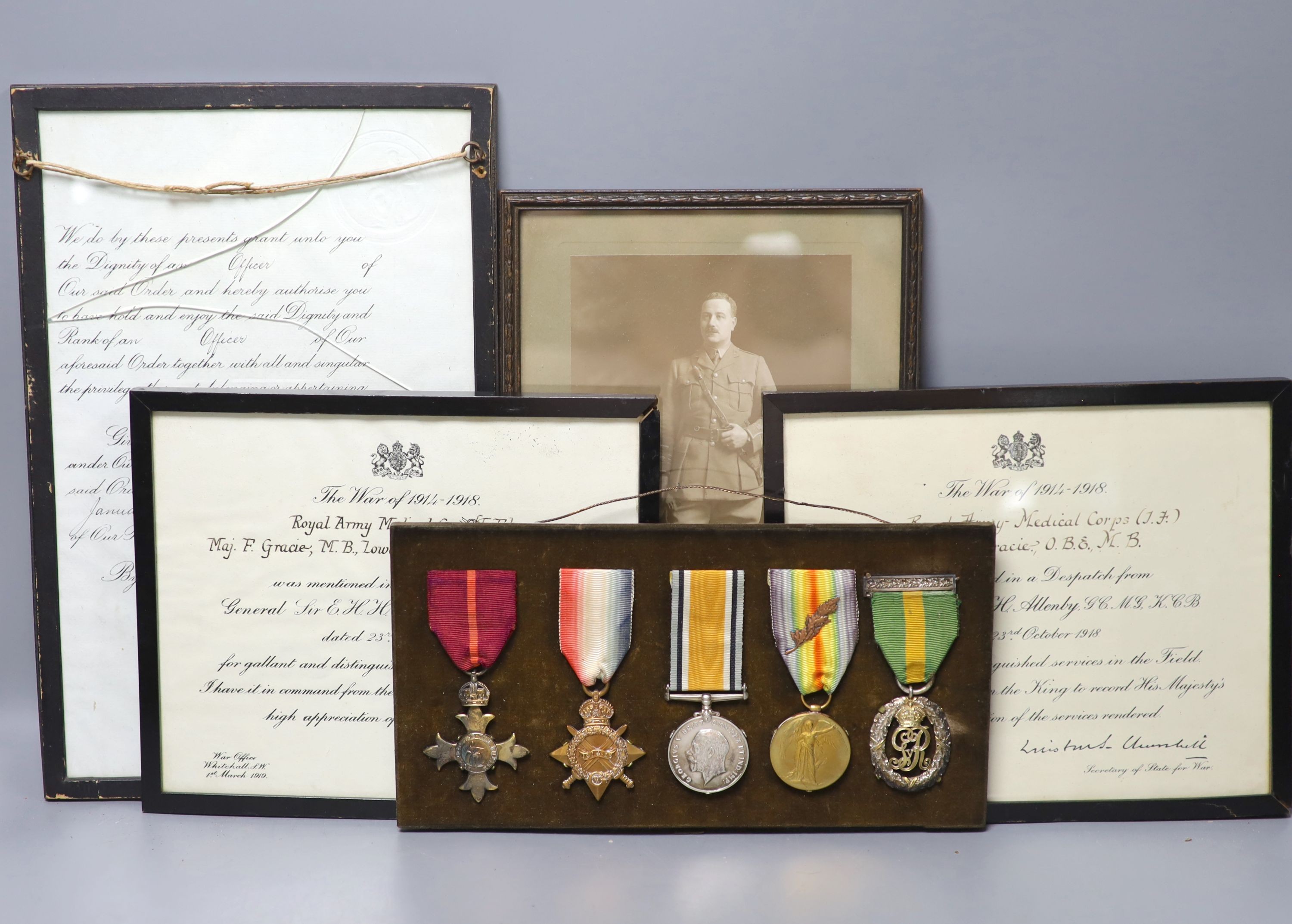 A Great War group of five medals to Lt Col. F.Gracie., O.B.E., M.B. R.A.M.C.